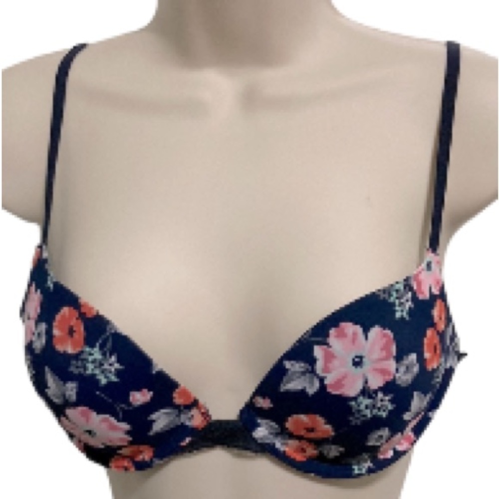 GILLY HICKS Floral Flowers Padded Push up Plunge Bra Navy Blue Pink Orange 34b
